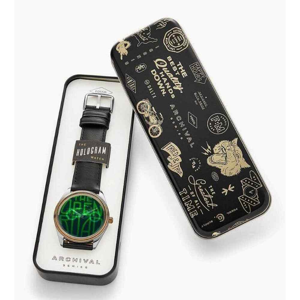 FOSSIL LE1054 The Hologram Watch Archival Series Leather Black Gold Quartz NEW